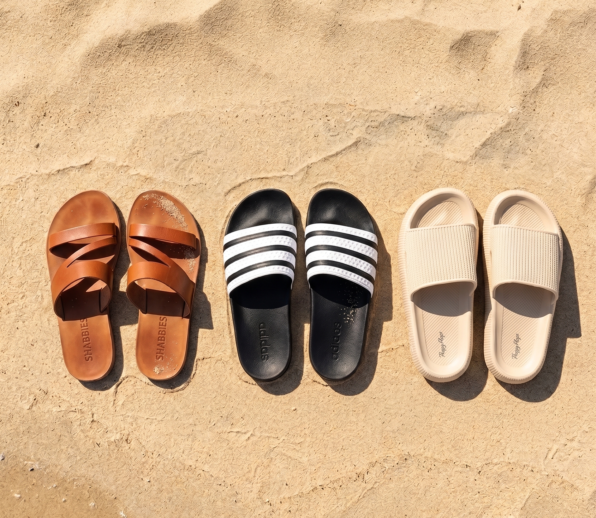 De tre kandidatene: Shabbies Amsterdam, Adidas Adilette og HappyFlops